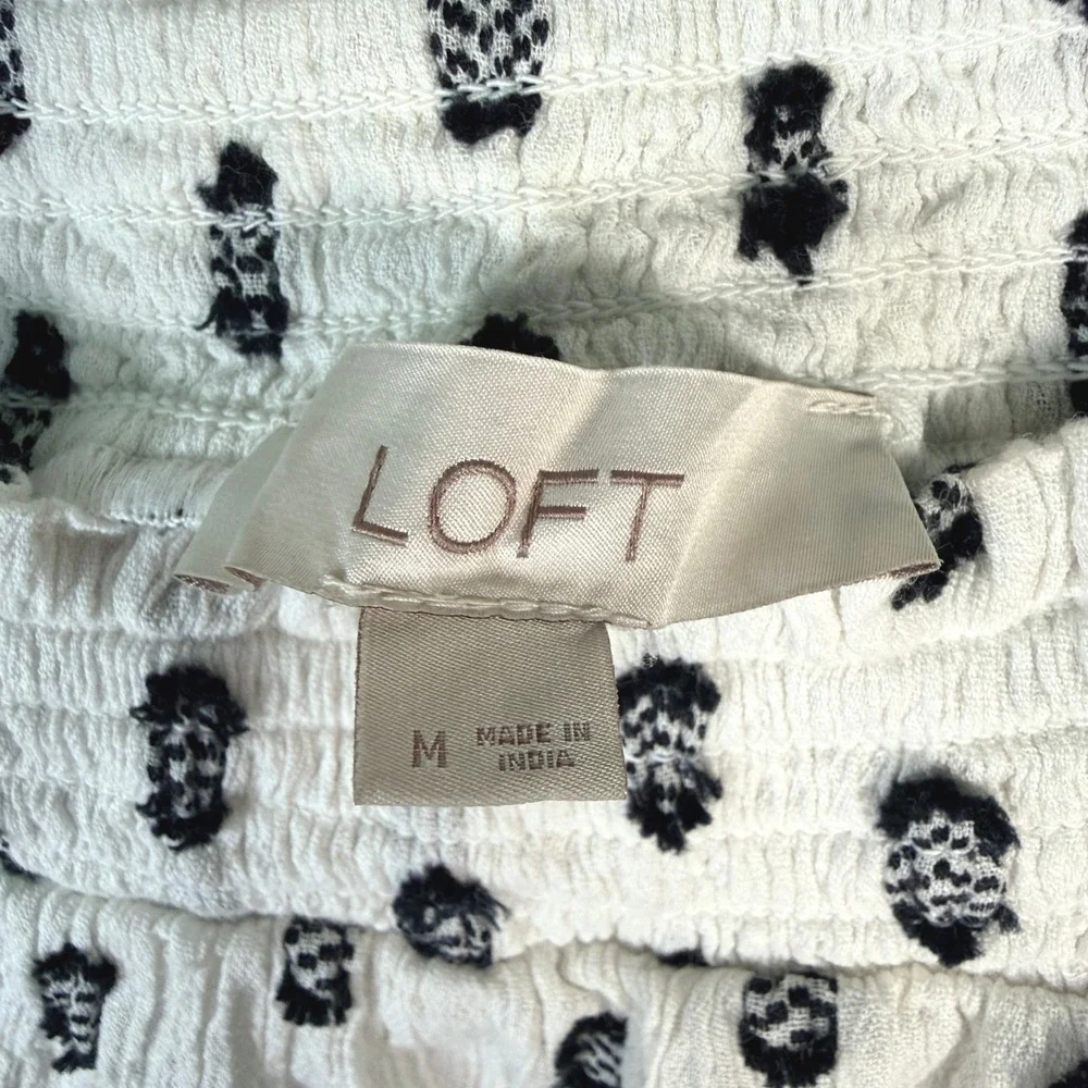 LOFT White Black Embroidered Cotton Gauze Smocked Square Neck Blouse M